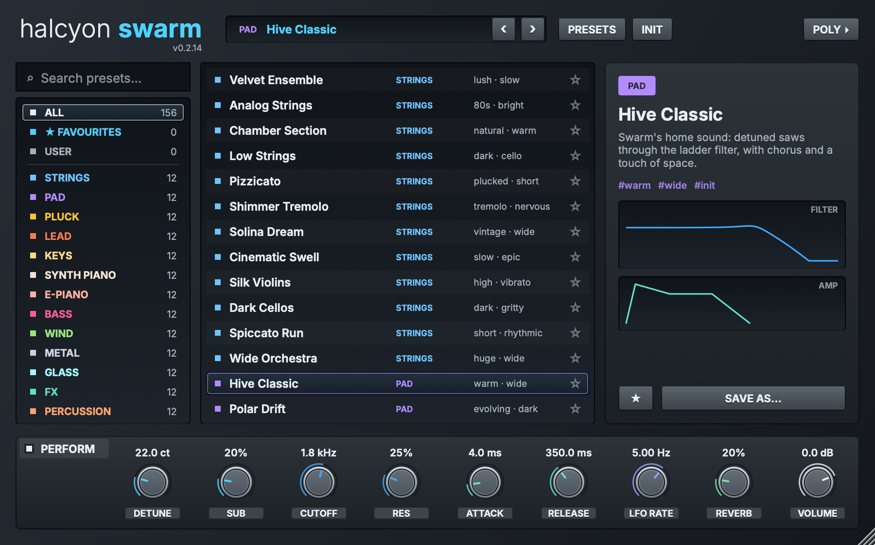 The Halcyon Swarm preset browser, with categories and favourites at left, a searchable preset list in the centre and details for the selected sound at right.
